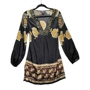 Hale Bob Womens Sundress Cocktail Silk Beaded Black Gold Extra Small Shirt Dress